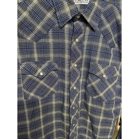Men’s Vintage Envoy Western Shirt Blue with Gold Stripe Pearl Snap Shirt Size M - Picture 5 of 7